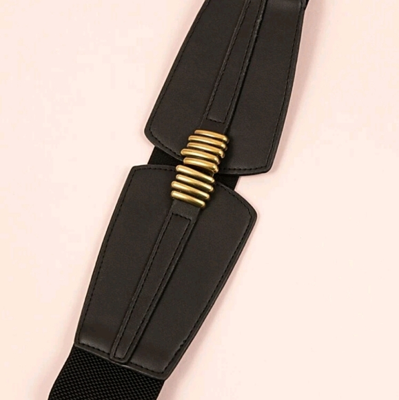 Womens Black Vintage corset boho elastic wide Faux leather gold stick waist belt - Picture 9 of 11